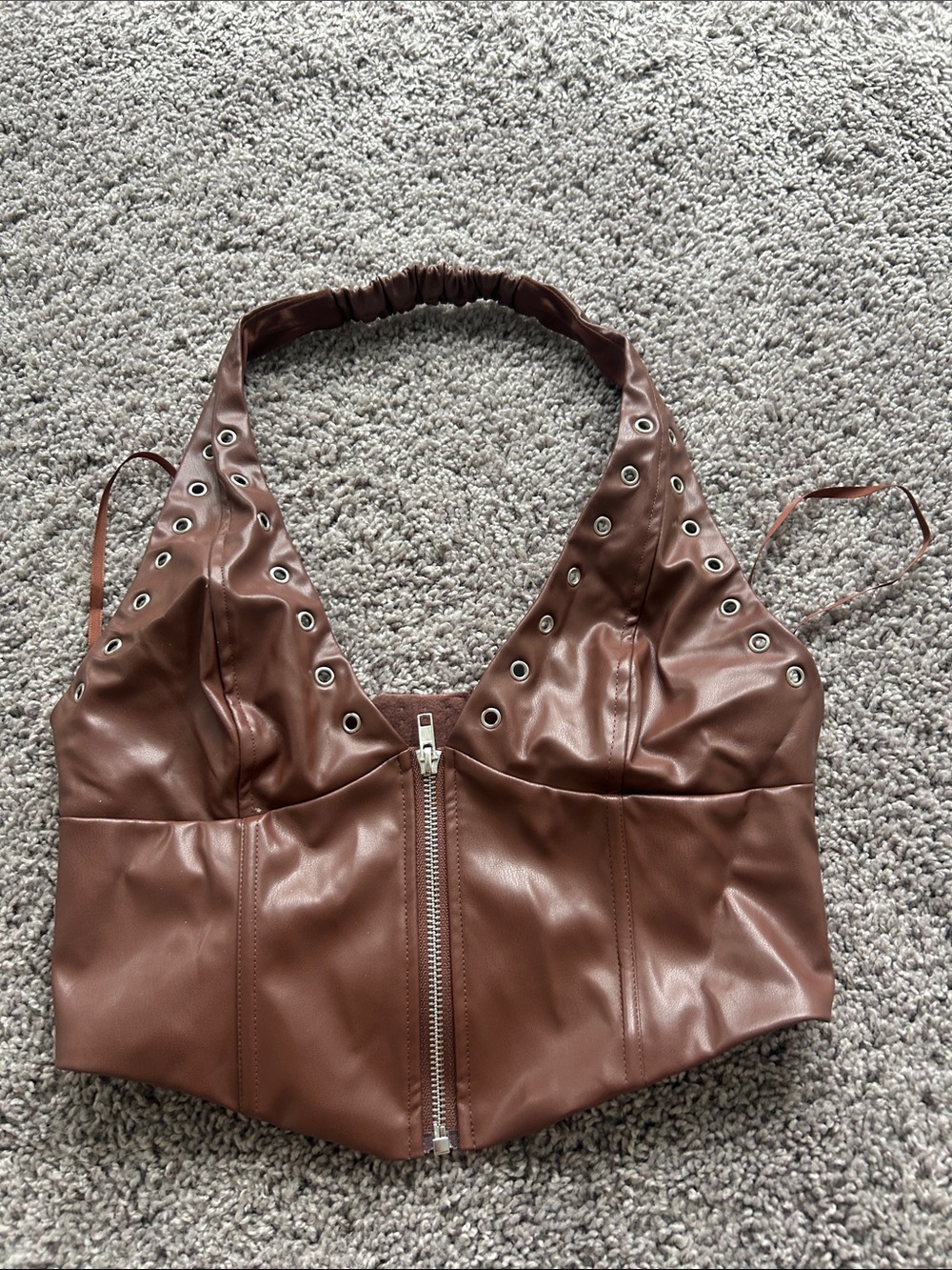 Brown Faux Leather Halter Zip Front Crop Top